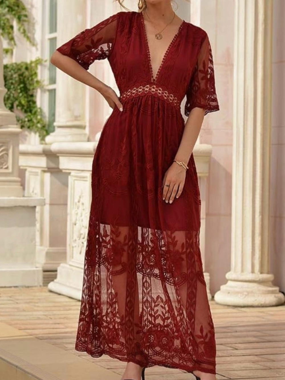 Eleter Red Embroidered Lace Plunge Maxi Dress Size S